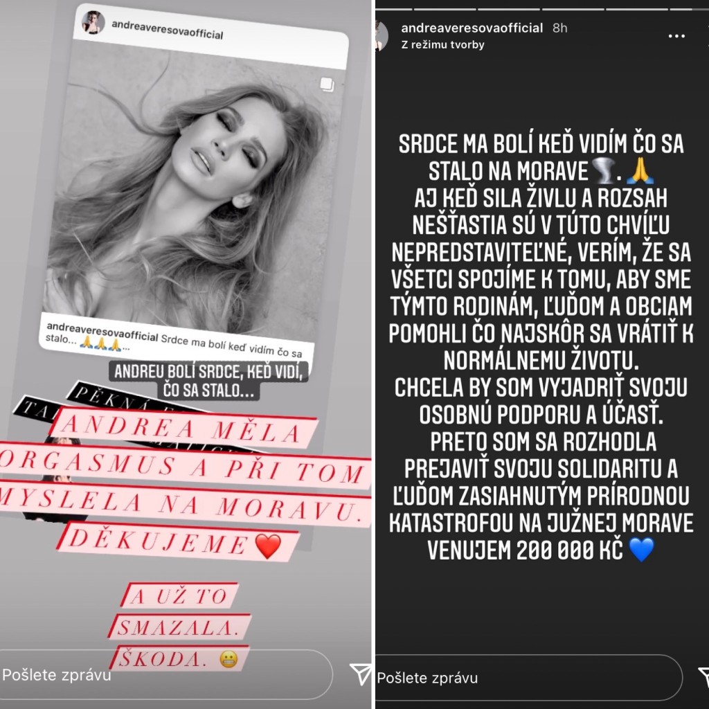 Vývoj jejího nešťastného instagramového postu k daru 200 tisíc korun obětem řádění tornáda na jižní Moravě
