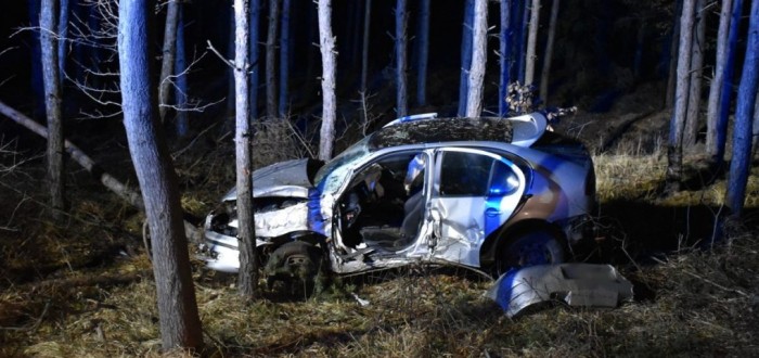 Auto zůstalo naprosto zdevastované potom, co prorazilo několik stromů