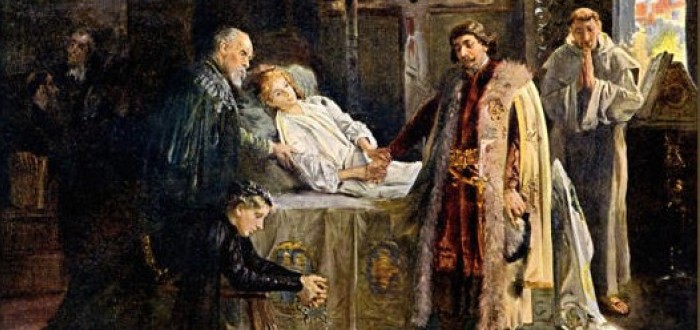 Ladislav Pohrobek na smrtelné posteli děkuje Jiřímu z Poděbrad na obraze Jana Škramlíka. Lid si šeptá, že je Jiří královrah...