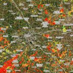 Mapa rizika onemocnění klíšťovou encefalitidou. Červená barva označuje vysoké nebezpečí, žlutá střední riziko